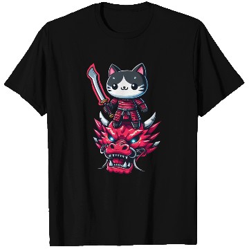 Discover Samurai Cat with Sword on Dragon in Epic 3D Effect T Shirts