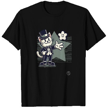 Discover Happy Retro Cartoon Cat in Tuxedo with Star T Shirts