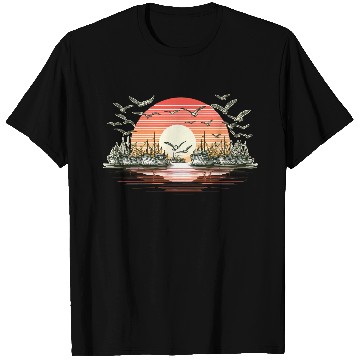 Discover Fishing boat, sea, birds, sunset T Shirts