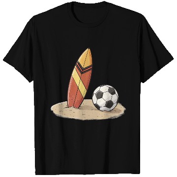 Discover Surfboard and soccer ball in the sand T Shirts
