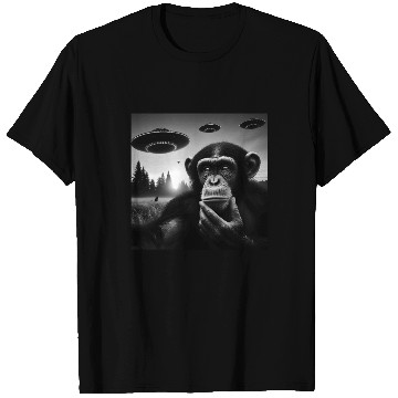 Discover Chimp Monkey Ape Funny Selfie with UFOs Weird Alie T Shirts