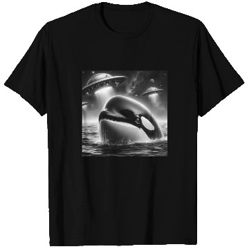 Discover Killer whale Funny Graphic Selfie with UFOs Weird T Shirts