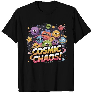 Discover Chaotic Cartoonish Galaxy with Whimsical Character T Shirts
