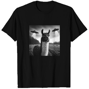 Discover Llama alpaca Funny Graphic Selfie with UFOs Weird T Shirts