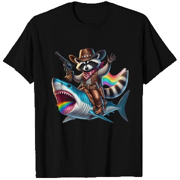 Discover Funny Vintage Cowboy Raccoon Shark Rainbow Art T Shirts