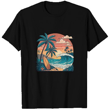 Discover Tropical Paradise Sunset Surfing and Palm Trees T Shirts