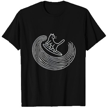Discover Playful Cat Surfing Wave Neon Design T Shirts