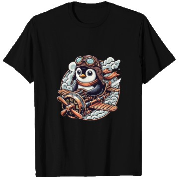 Discover Adventurous Penguin Pilot on Steampunk Plane T Shirts