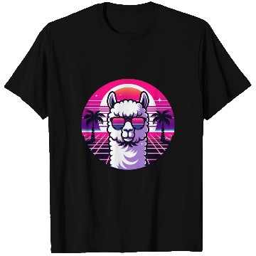 Discover Retro Sunset Llama with Sunglasses in Neon Vibes T Shirts