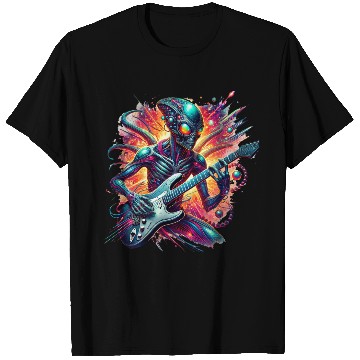 Discover Alien playing guitar with rainbow background T Shirts