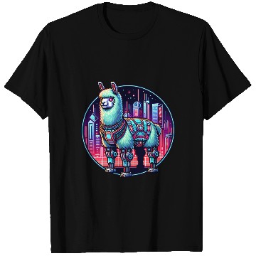 Discover Futuristic Cyberpunk Llama in Neon Cityscape T Shirts