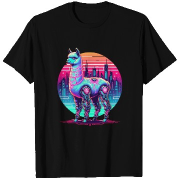 Discover Futuristic Cyber Llama in Neon Cityscape T Shirts
