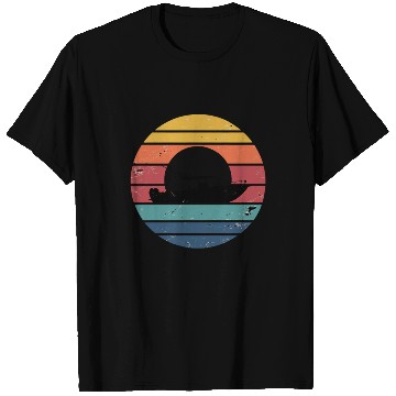 Discover Sunset Boat Silhouette in Striped Retro Colors T Shirts