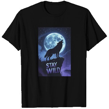 Discover Stay Wild – Majestic Wolf Silhouette Under Moon T Shirts