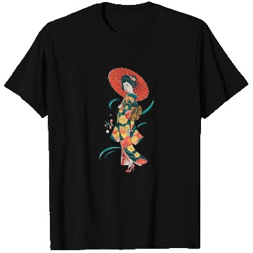 Discover Elegant Geisha with Red Parasol and Floral Kimono T Shirts