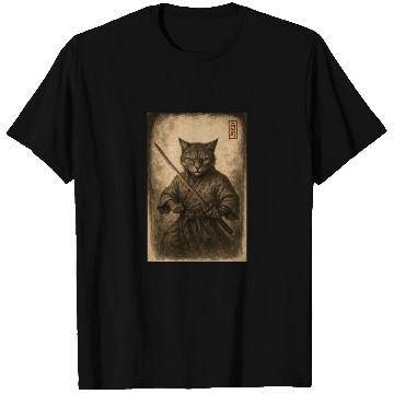 Discover Samurai Cat in Vintage Style T Shirts