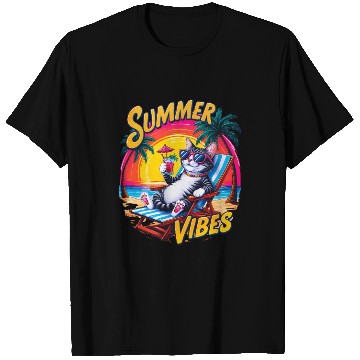 Discover Summer Vibes T Shirts, Relaxed Cat with Summer Text