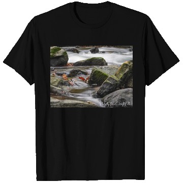 Discover Autumn water flowing over green moss boulders. T Shirts
