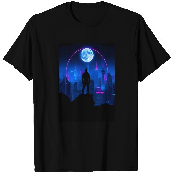 Discover Neon Futuristic Skyline with Glowing Moon T Shirts