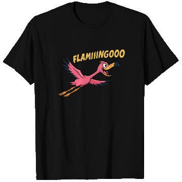 Discover FLAMIIINGOOO – Funny Cartoon Flamingo in Flight De T Shirts