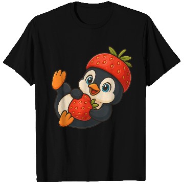 Discover Cute penguin with fruity strawberry hat cartoon T Shirts