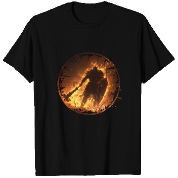 Discover Fire Armored Warrior with Burning Shield and Axe T Shirts
