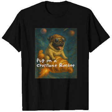 Discover Pug on a Croissant Rocket T Shirts