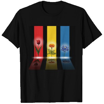 Discover Three Glowing Flowers: Red, Gold, Blue Harmony T Shirts
