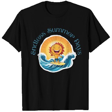 Discover Cartoon Sun Surfing – Endless Summer Days. T Shirts