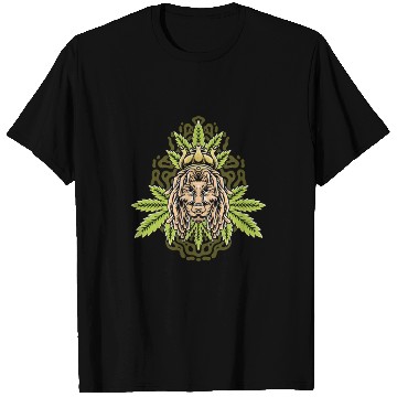 Discover handdrawn lion marijuana leaf with old school t T Shirts