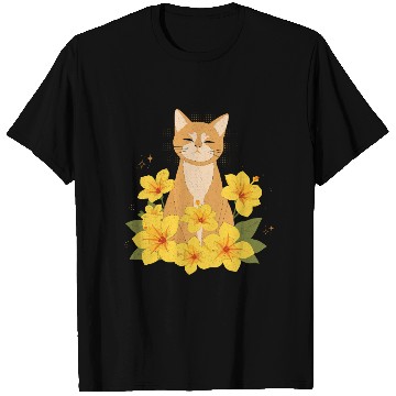 Discover Orange Cat Surrounded by Yellow Hibiscus Flowers T Shirts