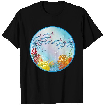 Discover School of colorful fish in a coral reef T Shirts