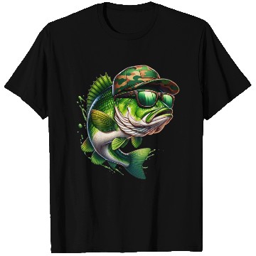 Discover Camo Hat Bass Fish with Green Sunglasses T Shirts