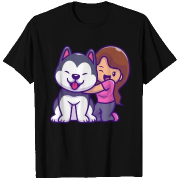Discover Cute Girl Hugging Playful Husky Design T Shirts