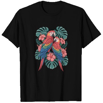 Discover Tropical Parrots Among Hibiscus Leaves T Shirts