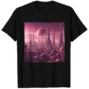 Discover Futuristic Alien Skyline in Pink Hues T Shirts