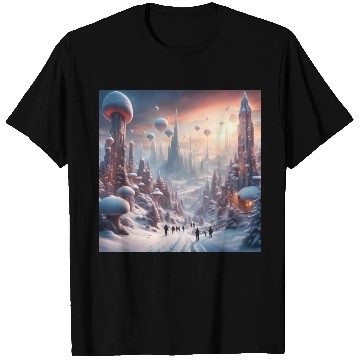 Discover Futuristic Snowy Cityscape with Floating Balloons T Shirts