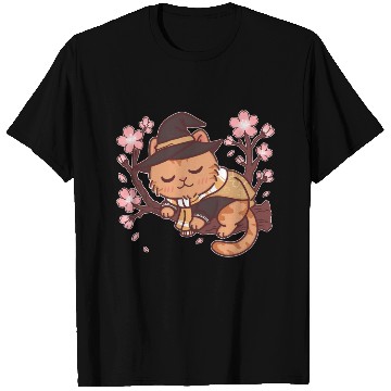 Discover Whimsical Witch Cat in Cherry Blossom Tree T Shirts