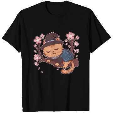 Discover Kawaii Wizard Cat Sleeping on Sakura Tree – Magic  T Shirts