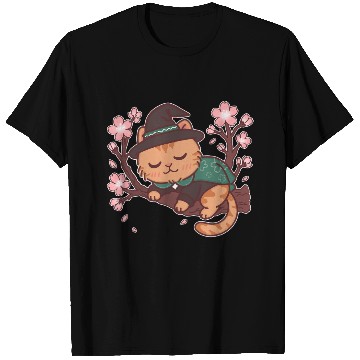 Discover Whimsical Wizard Cat in Blooming Cherry Tree T Shirts