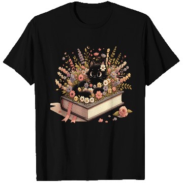 Discover Whimsical Black Cat with Floral Book Design T Shirts