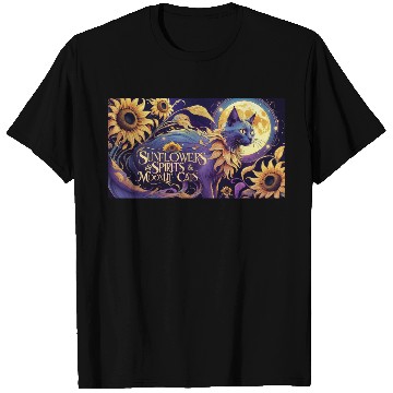Discover Celestial Cat Among Sunflowers and Moonlit Night T Shirts