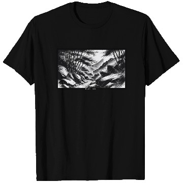 Discover Serene Mountain Forest Ink Illustration T Shirts