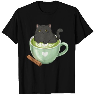 Discover Charming Cat in Green Matcha Cup T Shirts