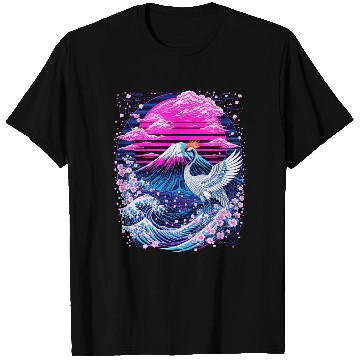 Discover Neon Sakura Crane & Mount Fuji Scene T Shirts
