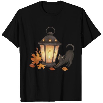 Discover Autumn Night Lantern with Playful Cat T Shirts