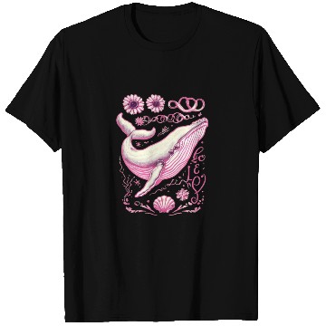 Discover Pink Whimsical Whale with Floral Accents T Shirts