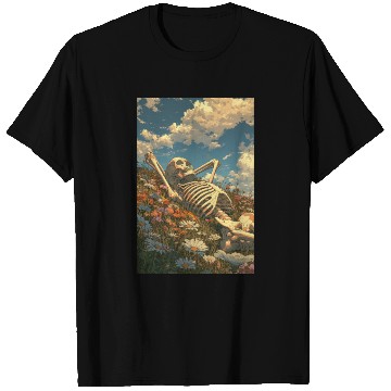 Discover Relaxing Skeleton in Flower Field T Shirts