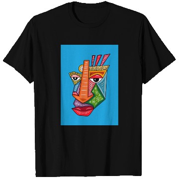 Discover Abstract Geometric Face on Blue Background T Shirts