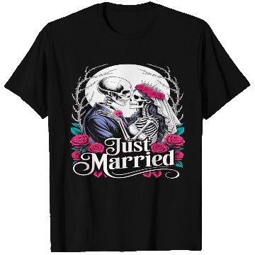 Discover Gothic Just Married Skeletons Bride and Groom T Shirts